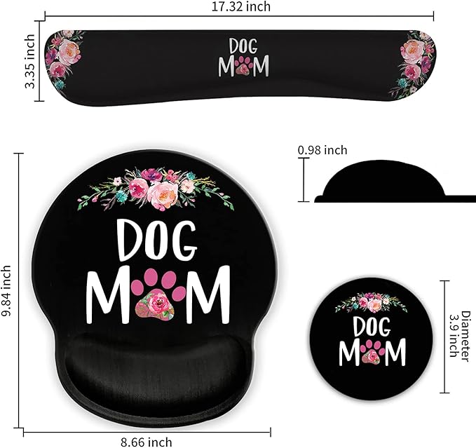 Ergonomic Mouse Pad Wrist Support Gel and Keyboard Wrist Rest Set for Laptop Mac Gaming and Office Durable Comfortable and Pain Relief + Coaster Dog Mom Floral Design