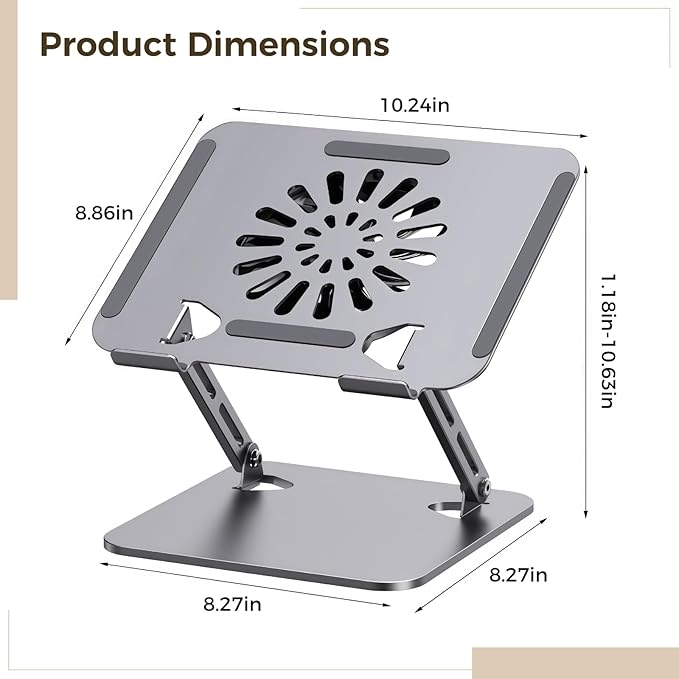 Laptop Cooling Stand with Fan Ergonomic Riser for Laptops and Tablets Carbon Steel Frame with USB Powered Cooler Non-Slip Base for 10–17 Inch Devices