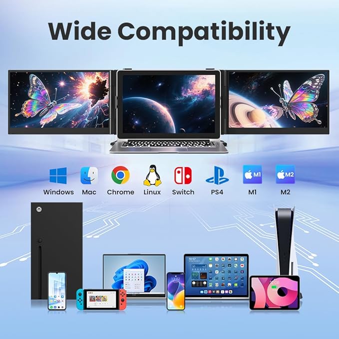 Hyangin Triple Laptop Screen Extender 14-inch 2026 Upgraded Ultra-Slim 1080P FHD Displays for Laptop Ultra-Light Triple Monitor for 13.3-17.3 Laptops Compatible with Windows/Mac/Chrome OS/Phones