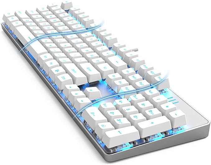 Qisan 104 Mechanical Keyboard for Gaming | Large Size USB White Backlit Gaming Keyboard Wired | US Layout Blue Switches Hot Swappable Mechanical Clicky Keyboards Compatible with PC &amp Laptop