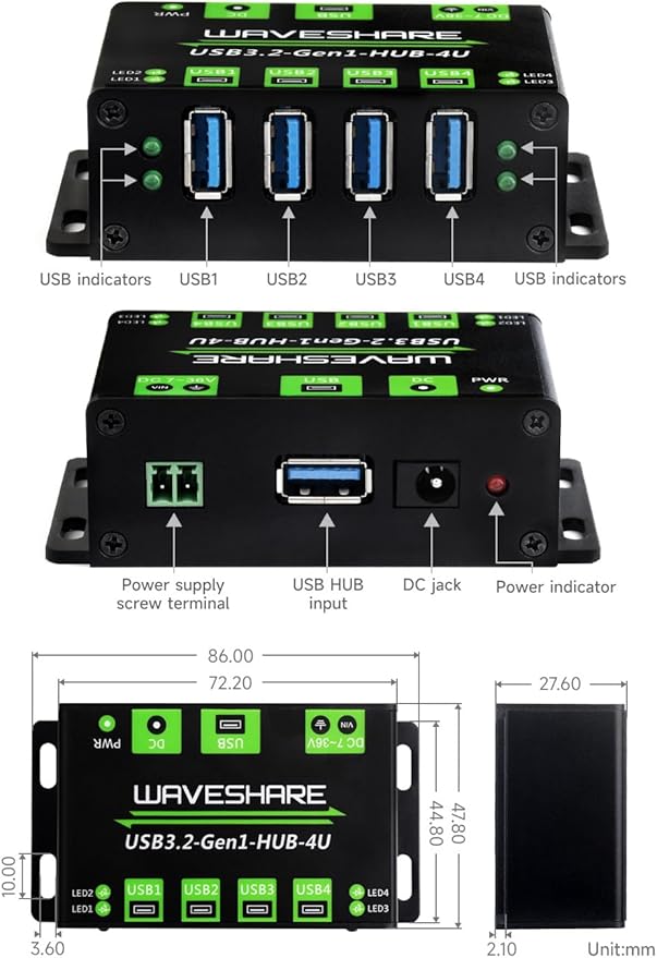 Waveshare 4-Ch USB 3.2 Gen1 HUB Compatible with Windows macOS Linux and Android Metal Case with Wall-Mount Support Driver-Free Plug-and-Play