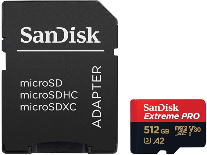 SanDisk Extreme PRO microSDXC UHS-I Memory Card 512 GB + Adapter &amp RescuePRO Deluxe (for Smartphones Action Cameras or Drones A2 Class 10 V30 U3 200 MB/s Transfer)