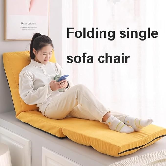 ELEFOCUS Adjustable 5-Position Folding Sofa Chair Padded Lazy Floor Recliner Bed for Gaming - Yellow Linen Lounge Sleeper Seat(Yellow)