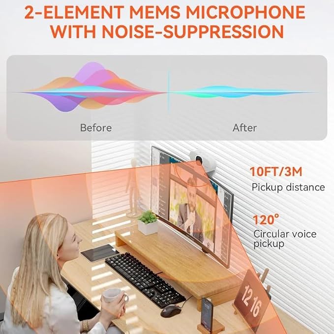 2K Full Webcam with AI Noise Suppression Microphone Camera Plug-and-Play for Computer Laptop