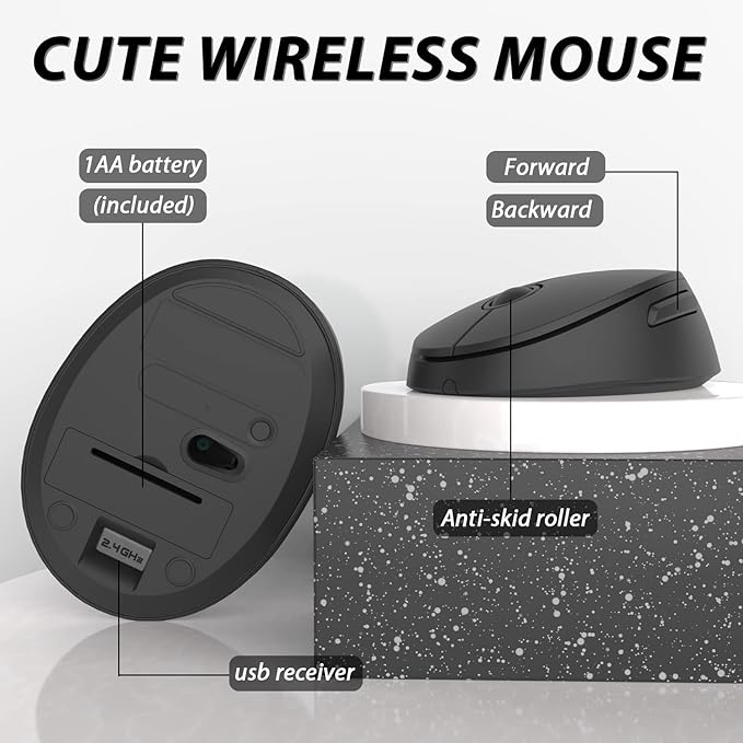 Wireless Keyboard and Mouse KOOTOP Cute Black Keyboard and Mouse 2.4G Wireless Keyboard with Retro Round Keycap for PC Mac LaptopTabletComputer Windows (Black)