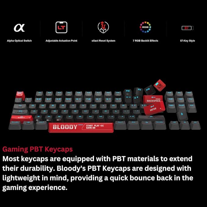 Bloody AT98 Red Optical Mechanical Gaming Keyboard 98 Key Compact Layout RGB Backlit Exact Reset System | Alpha Optical Switch