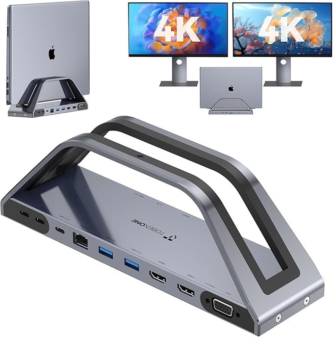 TobenONE 14-in-1 MacBook Pro/Air Docking Station Dual 4K Monitor Laptop Docking Station Stand for MacBook M1/M2/M3/M4/M5 Driver-Based USB C Dock with 65W Power Adapter 2 HDMIVGA 5Gbps USB RJ45