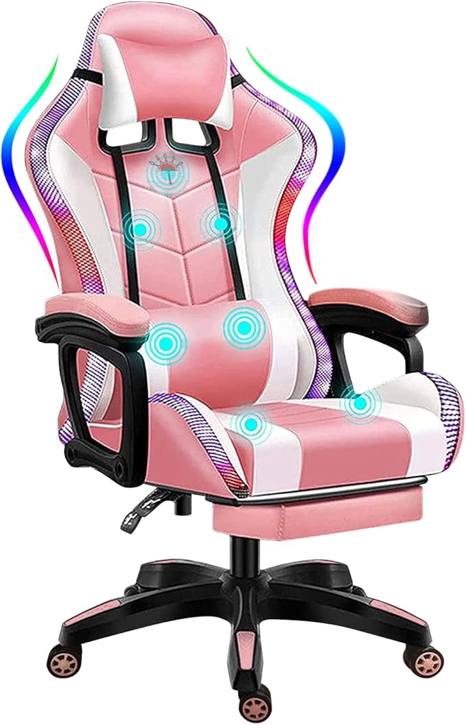 Gaming Chair with LED RGB Lights with Massage and Footrest Ergonomic Computer Chair High Back Video Game Chair with Adjustable Lumbar Support Linkage ArmrestPink