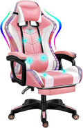 Gaming Chair with LED RGB Lights with Massage and Footrest Ergonomic Computer Chair High Back Video Game Chair with Adjustable Lumbar Support Linkage ArmrestPink