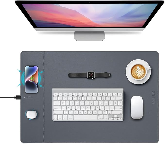 Wireless Charging Mouse Pad 15W Fast Charge Magnetic Charger Desk Pad Large Office Desk Mat (23.4x15.6) with Ultra-Smooth Surface Gray Computer Mousepad for MacBook PC Laptop