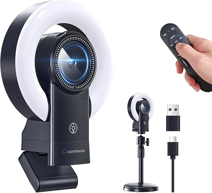 4K Webcam with Light Web Cam with Speaker Dual Noise Reduction Plug and Play Web Camera for Desktop Computer Auto-Focus Privacy Protection Webcam for PC Zoom Skype