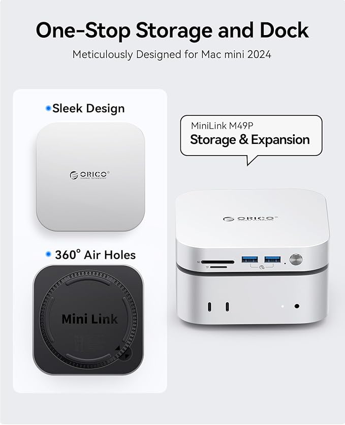 ORICO USB Hub Compatibility with Mac mini M4 9-in-1 Aluminum Dock with SSD Enclosure for NVME/SATA M.2 USB A 10Gbps 3.0 SD/TF Card Readers 3.5mm Audio Jack