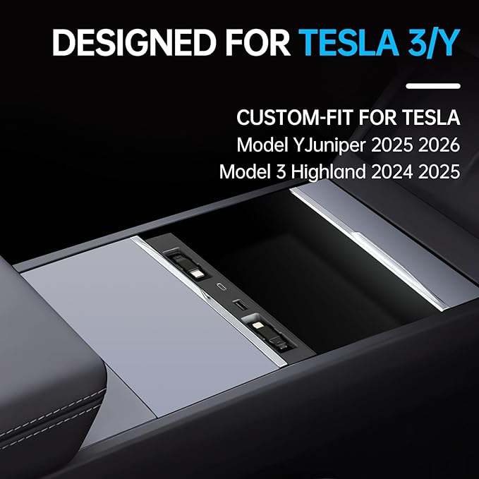 USB Hub for Tesla Model Y Juniper 2025 2026 Model 3 Highland 2024 2025 with Sunken Design 99W 4 in 1 Multi Ports Fast Charger with Retractable Cable Docking Station fit Center Console Adapter