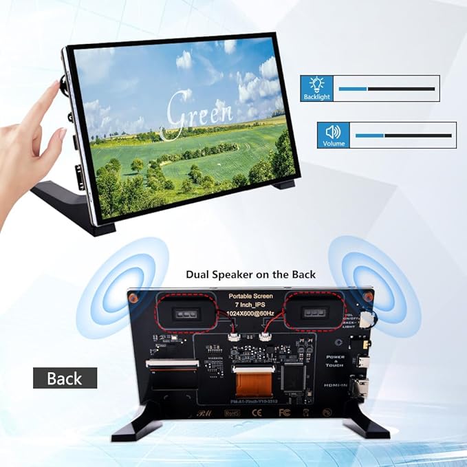 GeeekPi 7 Inch Capacitive Touchscreen for Raspberry Pi 1024x600 IPS LCD Display with Dual-Speaker HDMI Portable Monitor for Raspberry Pi 5/Pi 4B/3B+/3B/B+/Zero/400 Win11/10/8/7 Free-Driver