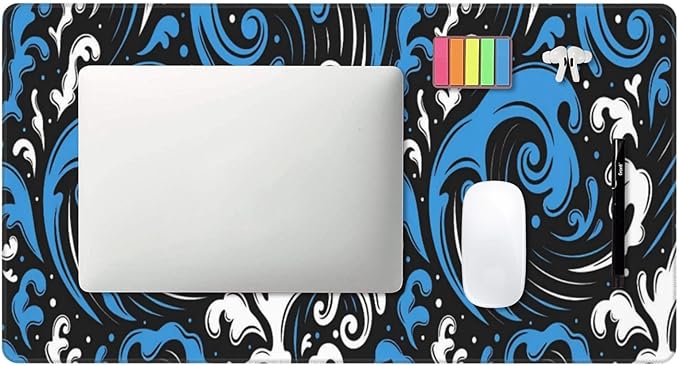 Abstract Wave Blue White Desk Cover MatExtended Large Mouse PadComputer Laptop Mat Desk Decor for Office Game Home 30x16 Inch