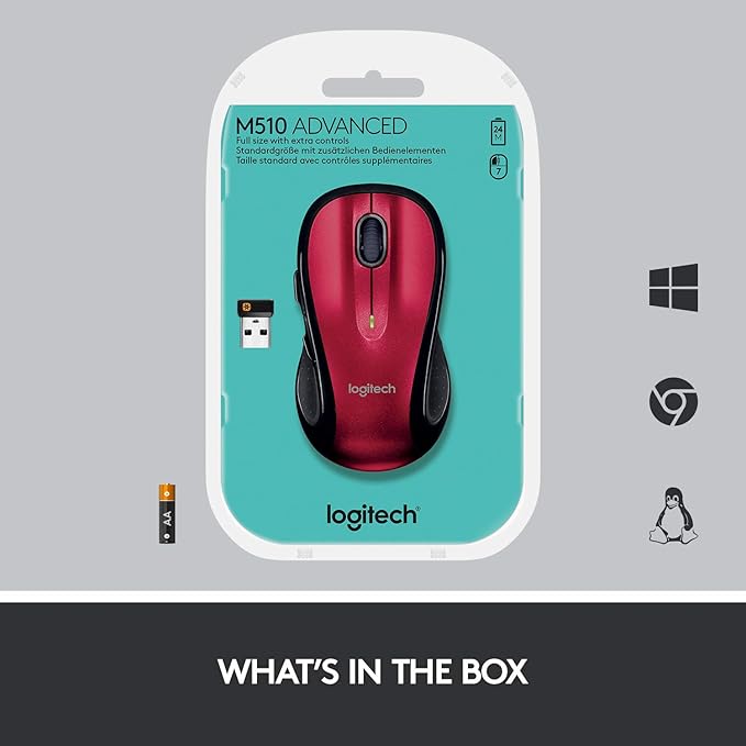 Logitech M510 Wireless Computer Mouse – Comfortable Shape with USB Unifying Receiver with Back/Forward Buttons and Side-to-Side Scrolling - Red