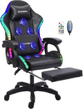Ergonomic Gaming Chair with Footrest and Lumbar Support Video Gaming Chair with Speaker and LED Light Gaming Chair with Full Massage Function 90°-135° Tilting Computer Chair.Black