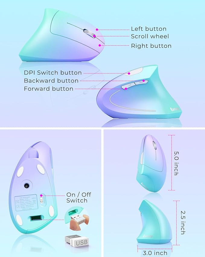 Lekvey Ergonomic Mouse Vertical Wireless Mouse Rechargeable 2.4G Optical Carpal Tunnel Mice: 800/1200 / 1600 DPI 6 Buttons for Laptop PC Mac Computer Desktop Notebook etc Green Purple