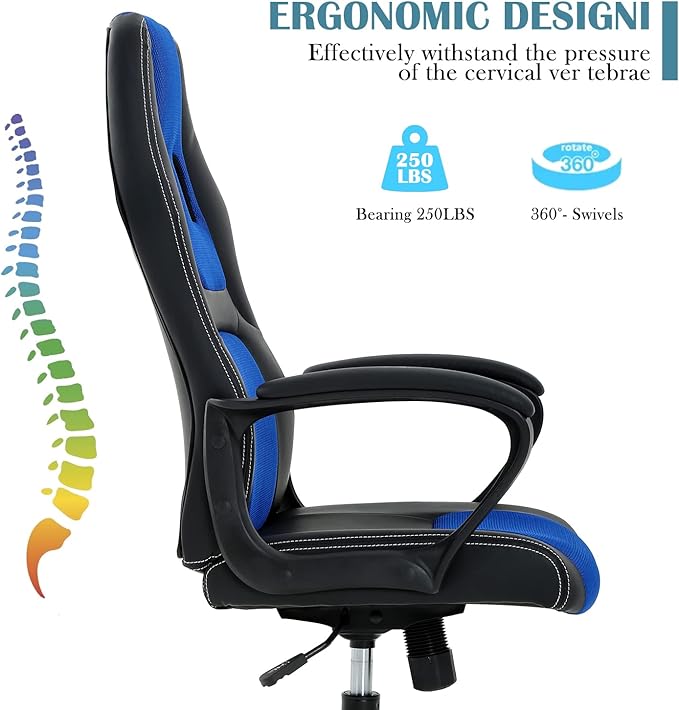 Gaming Chair Max 250LBS Office Chairs with Ergonomic Design Comfortable Office Chair PU Leather with Mesh Back Gaming Chairs with 360-Degree Swivel Gaming Chairs for Adults PC Chair Blue