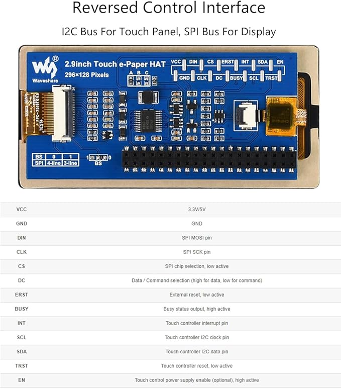 2.9inch Touch e-Paper Display HAT for Raspberry Pi 4B/3B+/3B/2B/Zero/Zero W/WH/ 2W/2WH 296×128 Pixels 5-Points Capacitive Touch E-Ink Black/White SPI Interface Support Partial Refresh