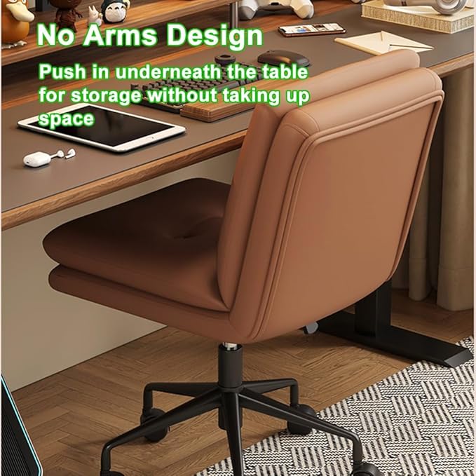 YCKEGEW Office Staff Chair Leather Upholstery Computer Chair Modern Study Chair with WheelsArmless Task Chair Adjustable Height Comfy Seating for Bedroom Office(Beige)