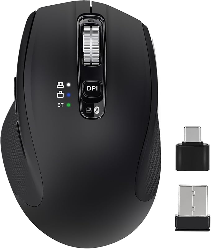 Wireless Mouse with Bluetooth USB-A USB-C Receiver Rechargeable Full-Size Mouse Silent Ergonomic for MacBook/Laptop/Computer/PC/iPad-Black
