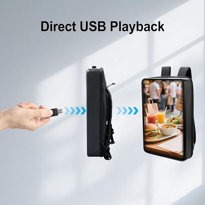 21.5 Inch Touchscreen Advertising Backpack 1000nits High Brightness LCD Screen Backpack IP65 Waterproof Digital Signage Backpack with USB/App/CMS Input for Auto Playback Split Screen Android 11OS
