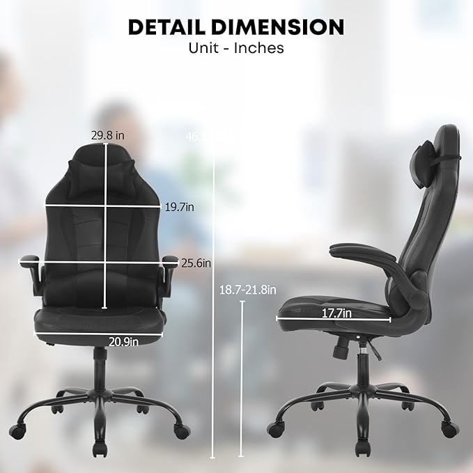 Gaming Chair Computer Chair Ergonomic Office Chair with Lumbar Support Flip Up Arms Headrest PU Leather Executive High Back Home Office Desk Chair for Adults Officials TeensBlack
