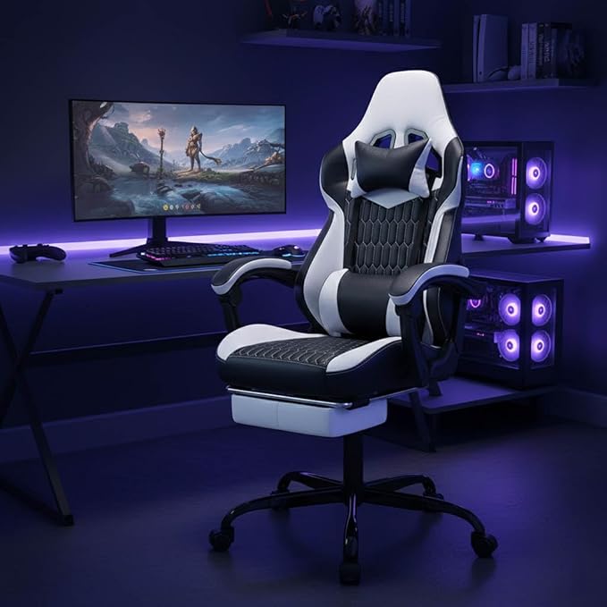 Gaming Chair with Footrest Ergonomic Gamer Chair with Adjustable Lumbar Support &amp Headrest Computer Chair for Adults High Back Video Game Chairs for Home Office PC Gaming Chair (Black)