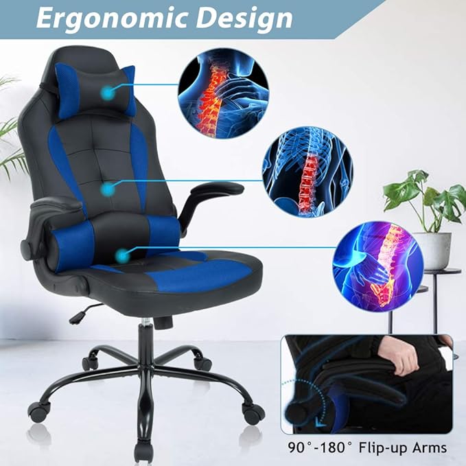 Gaming Chair High Back Office Chair Ergonomic Desk Chair PC Racing Chair with Headrest Lumbar Support &amp Flip-up Arms PU Leather Computer Chair Adjustable Height Swivel Executive ChairBlue
