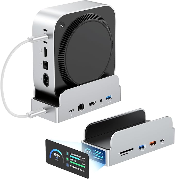 MiniDock Mac mini M4 Dock and Stand 11-in-1 USB-C Hub with 8TB M.2 NVMe SSD Enclosure Smart Display 4K@60Hz HDMI Gigabit Ethernet SD/TF 3.5mm Audio PD Charging for Mac mini/Pro/Air/Windows