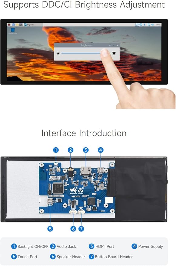 waveshare 9.3inch Capacitive Touch Display 1600×600 Resolution Raspberry Pi 5/4B/3B/Zero/Zero W/Zero 2W/Pico/Pico W/Pico WH Support Jetson Nano/Jetson Orin Nano Supports Windows 11/10/8.1/8/7