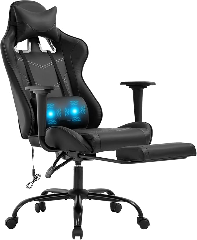 PU Leather Ergonomic Gaming Chair with Massage Lumbar Support Footrest and Armrest - Big and Tall Racing Style for Adults Gaming Work Study