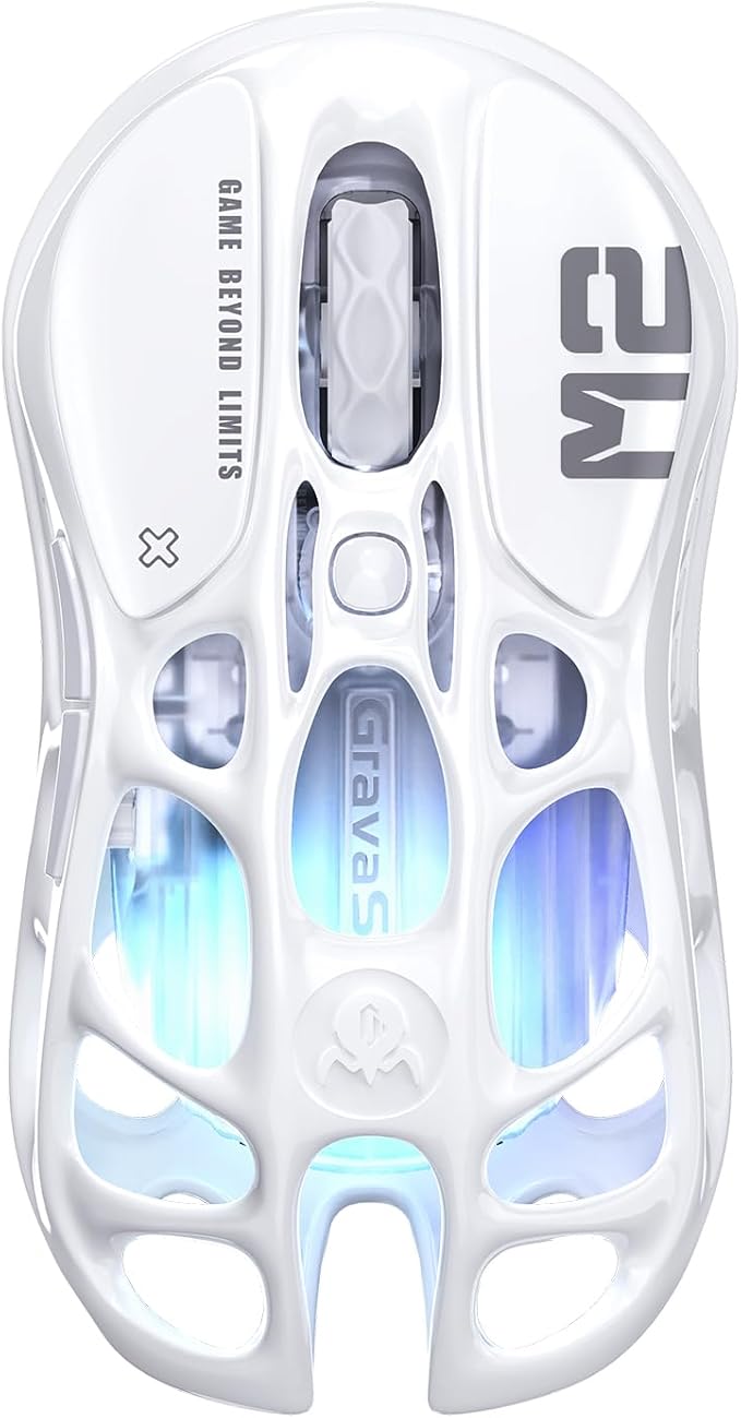 GravaStar Mercury M2 Wireless Gaming Mouse with 26000 DPI PAW3395DM Sensor -79g Lightweight Hollowed-Out Design -5 Programmable Buttons -5 Dynamic Lightsync RGB (White)