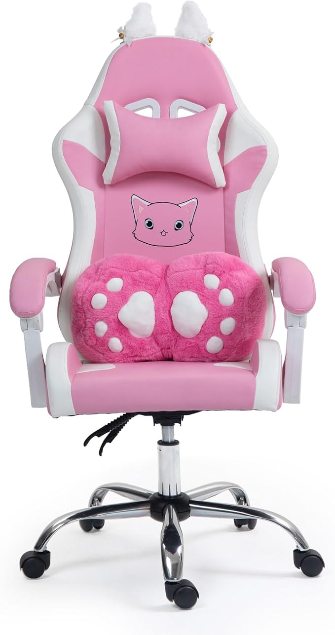 ALEAVIC Pink Gaming Chair with Cat Paw Lumbar Cushion and Cat Ears Reclining PC Game Computer Chairs Ergonomic Gamer Chair for Kids Girls Teens
