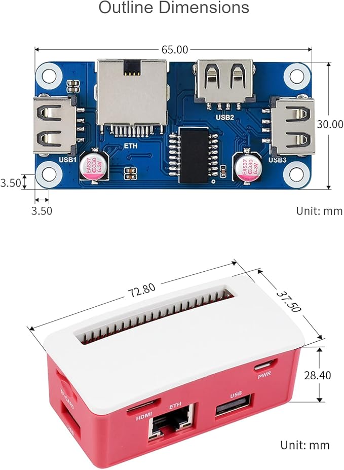 Ethernet/USB HUB Box Supports Raspberry Pi Zero Series with ETH/USB HUB HAT (B) Expansion Board Inside Includes 3X USB 2.0 Ports1x RJ45 Ethernet Port