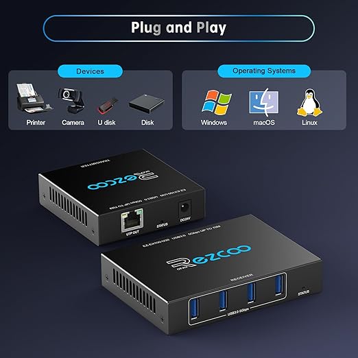 USB 3.0 Extender 330ft 100m 4-Port USB Extender Over Cat5e Cat6 RJ45 LAN Extension POE 5V Low-Power Consumption USB Extender Ethernet Work Sync Windows MacOS Android Linux No Driver