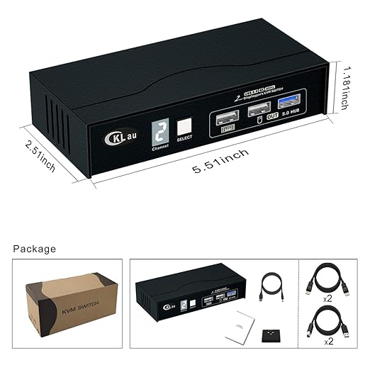 CKLau DP 1.2 Dual Port Displayport KVM Switch with All Input Cables for 2 Computers 1 Monitor Support Digital Display Compatible 4096x2160@60Hz 2560x1440@6144Hz