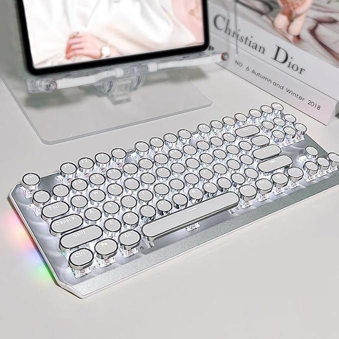EWEADN TK940 Wireless White Typewriter Mechanical Keyboard87 Keys Aesthetic Mechanical Keyboard Tri-Mode Blue Switches White Backlit Keyboards Retro Punk Keyboards for Windows/Mac/PC