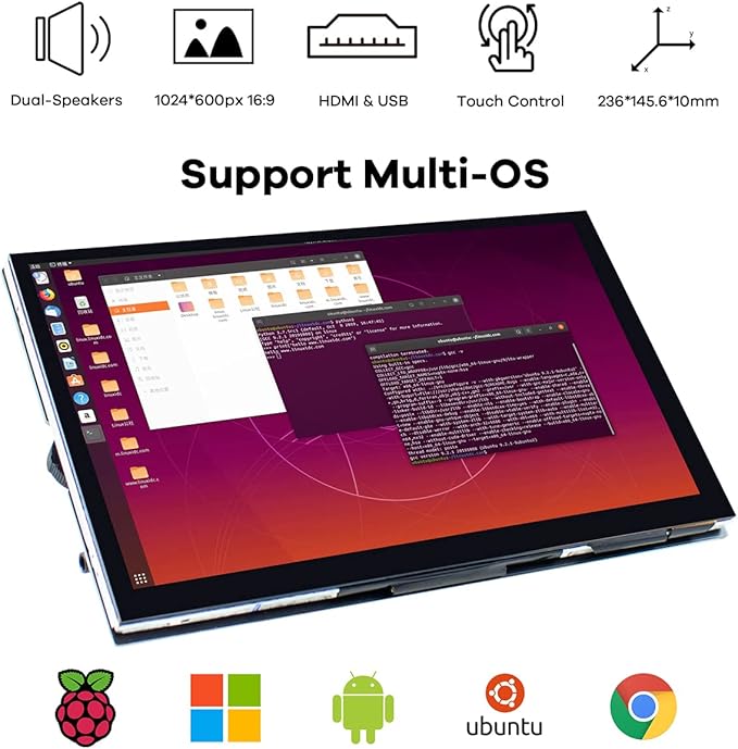 10.1 IPS LCD Capacitive Touch Screen HDMI Display Portable Monitor 1024X600 Built-in Dual Speakers for Raspberry Pi 5/4/3 Xbox PS4 Windows 7/8/10