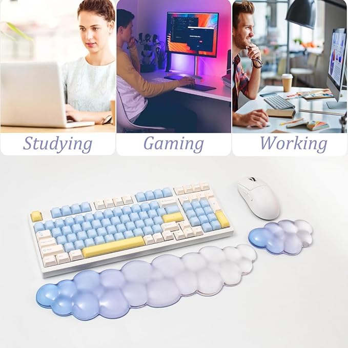 Gel Keyboard Wrist Rest Cloud Set Clear Ergonomic Wrist Support and Arm Support Keyboard Rest for Typing Pain Relief with Non-Slip Soft Washable Wrist Rest(Blue White)