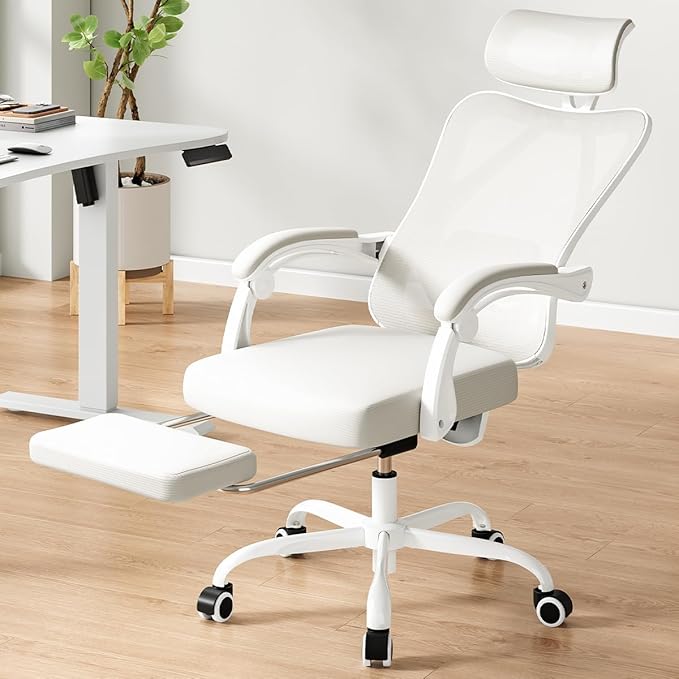 Ergonomic Office Chair with Footrest 135° Reclining High Back Mesh Desk Chair with Adjustable Lumbar Support &amp Headrest for Home Office Gaming and Nap 400 lbs Capacity (Beige Model D)