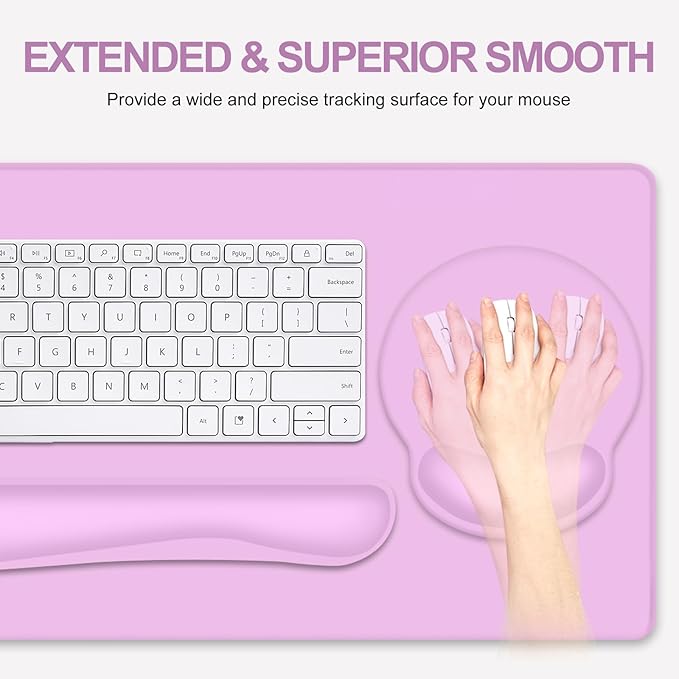 4 PCS Mouse Pad Desk Mat Protector Keyboard Wrist Rest + Comfortable Mouse Pad with Wrist Rest +Coaster Large Gaming Mousepad for Computer Laptop 35.4 X 15.7 XXL Deskpad for Office Home I Lilac