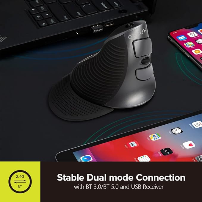 DELUX Ergonomic Vertical Mouse Wireless Rechargeable Vertical Mouse Bluetooth/2.4G Dual Mode Slient Click Removable Wrist Rest 800/1200/1600DPI Levels 6 Buttons for Laptop/PC (M618G DB-Black)
