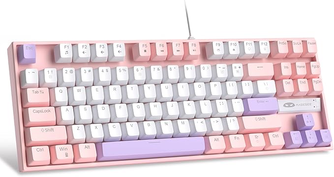 MageGee 75% Mechanical Gaming Keyboard Red Switch LED Blue Backlit 87 Keys Compact TKL Wired Computer Keyboards for Windows Laptop PC Gamer - White/Pink