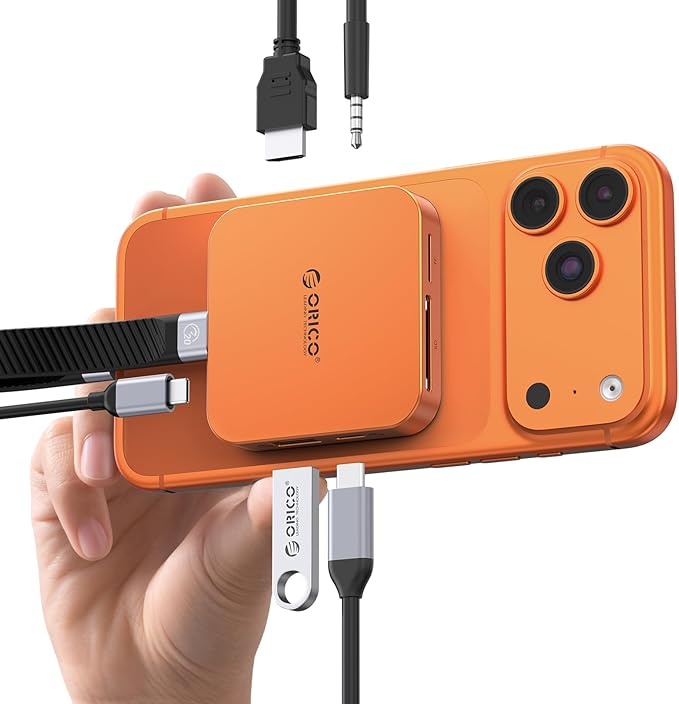 ORICO 10Gbps Magnetic M.2 Docking Station 8-in-1 USB C HUB &amp M.2 2230 NVMe Enclosure with HDMI 4K@60HzSD/TF USB-A&ampC 3.2 100W PD AUX USBC Dock for iPhone 17/16/15 Pro/Pro Max