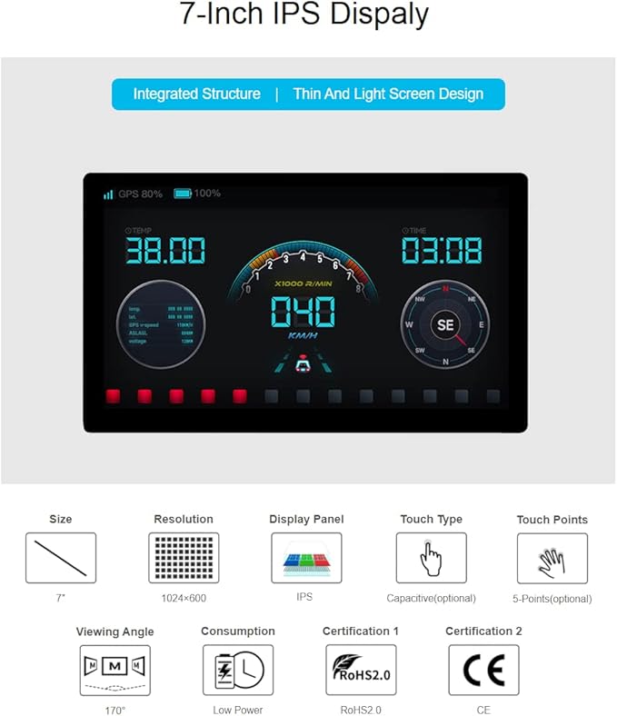 waveshare 1024 × 600 Resolution 7inch IPS Display Integrated Thin and Light Touch Screen for Raspberry PiJetson NanoWindows PCSupport Windows/Linux/Android System170° Wide Viewing Angle