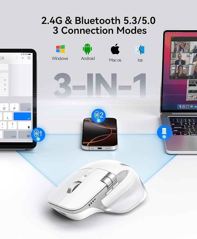 TECKNET Wireless Mouse Bluetooth Mouse (BT5.3/5.0 &amp 2.4G) Rechargeable Ergonomic Optical Mouse with 6 Adjustable DPI Side Scroll Quiet Clicks USB A Receiver 7 Buttons Wide Compatibility - Wh