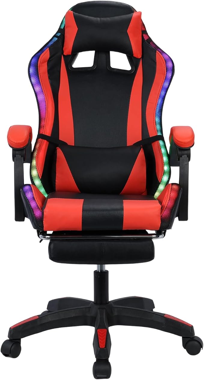 Gaming Chair with Built-in Speakers Ergonomic Office Chair Massage Lumbar Support LED Lights Retractable Footrest Adjustable High Back Gaming Chair Adults 350lbs (Black &amp Red)