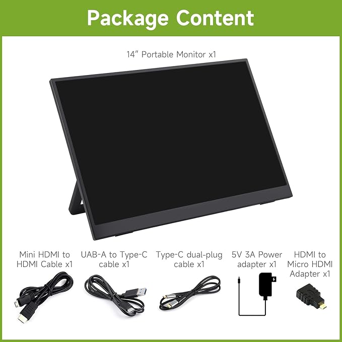 waveshare Luckfox 14inch Portable Monitor with Stand IPS Screen Mini HDMI Interface 1920 × 1200 Full HD 178° Viewing Angle ABS Case 100% sRGB High Color Gamut Supports HDR No Touch